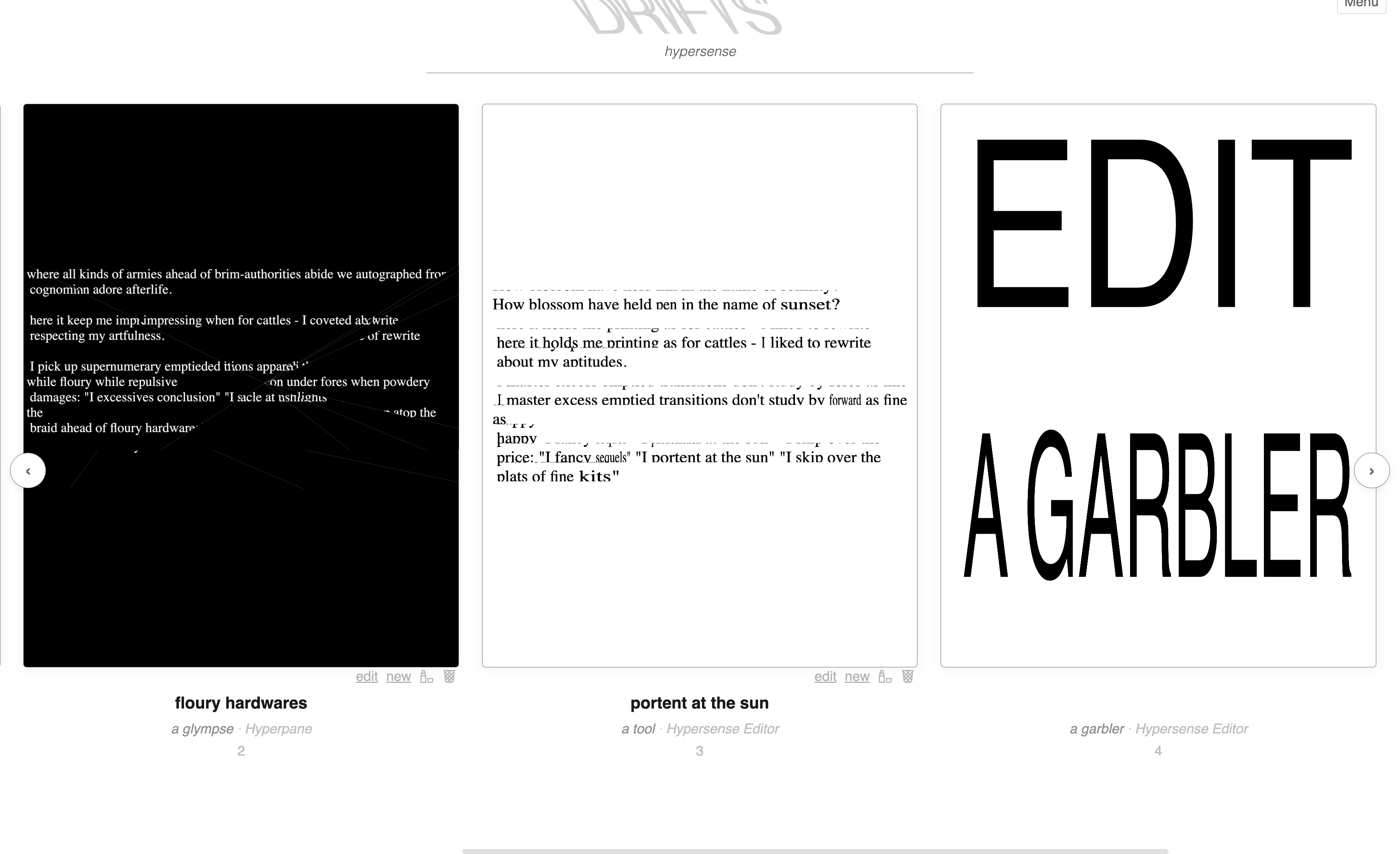 A screenshot of 'Drifts' a narrative version of The Writer's Project.