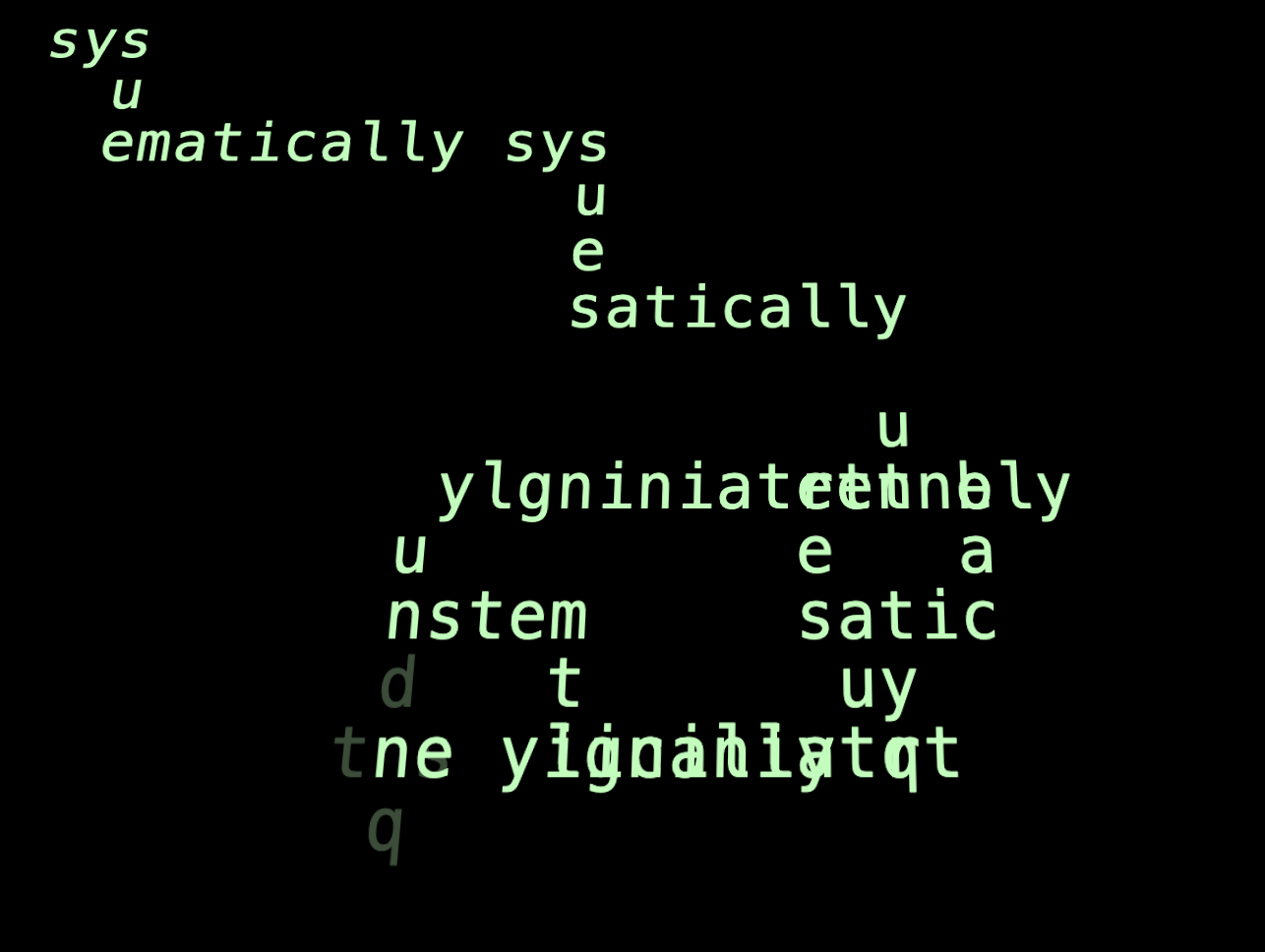 A screenshot of 'Ways of Knowing' digital poem depicting green letters suspended on a grid of partial words going in different directions: sys-ue-matically and sys-ues-atical-y
